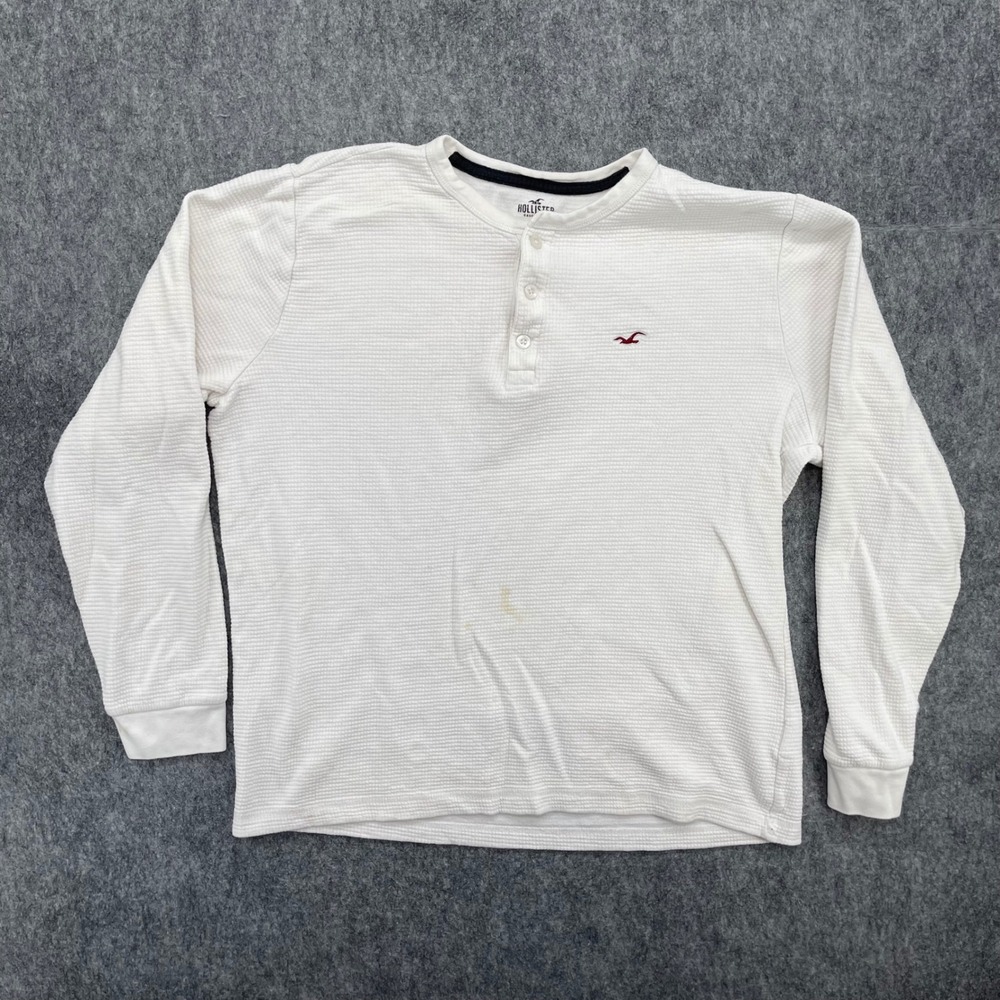 Hollister Shirt Mens Large Long Sleeve Waffle Knit Henley White Logo Thermal